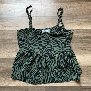 Hollister Green Zebra Print Cami Top Peplum Adjustable Straps Size Medium